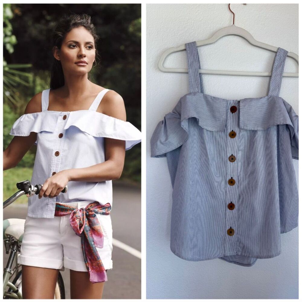 Anthropologie Maeve Canopy Top Size 10 Blue White Stripe Cold Shoulder Ruffle